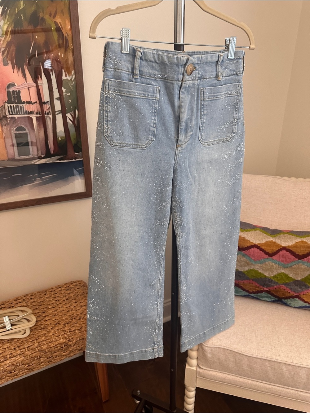 Maeve Collette Light Blue Ankle Crop Wide-Leg Jeans with Sparkles